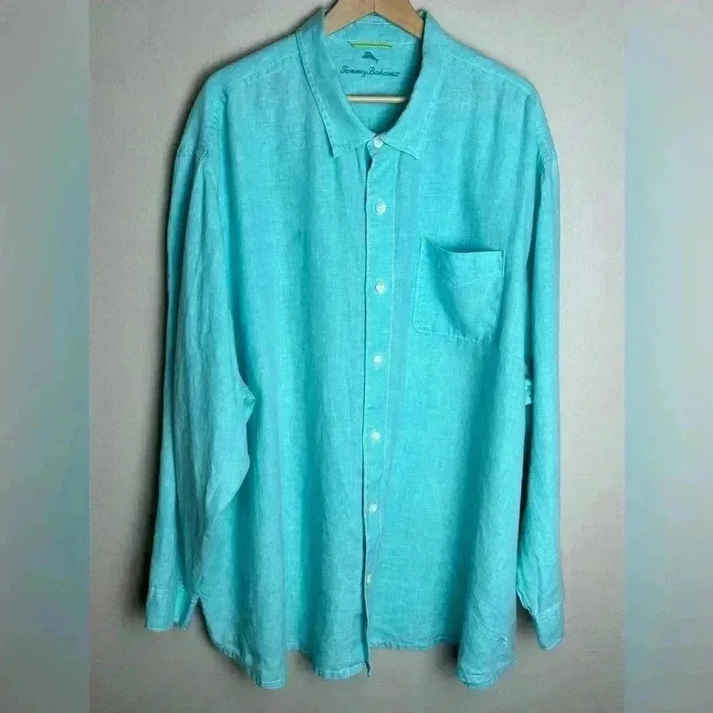 Tommy Bahama Linen Blue Button Up Shirt Long Sleeve Adult 3XL